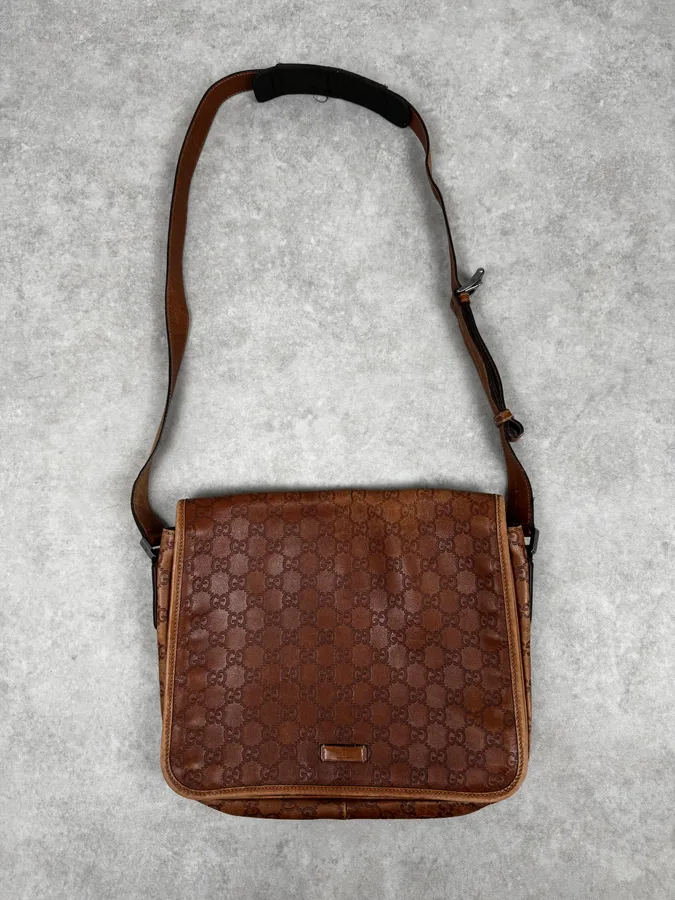 2000s Gucci Brown Monogrammed Leather Shoulder Bag