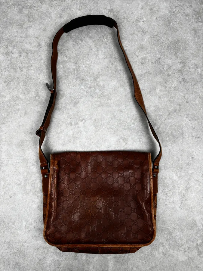 2000s Gucci Brown Monogrammed Leather Shoulder Bag - Image 4