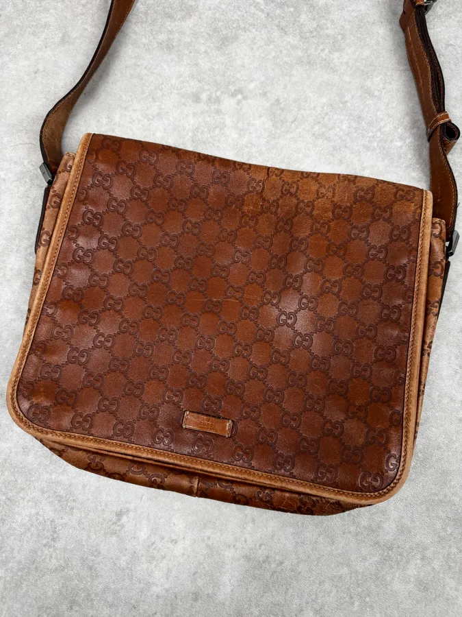 2000s Gucci Brown Monogrammed Leather Shoulder Bag - Image 5