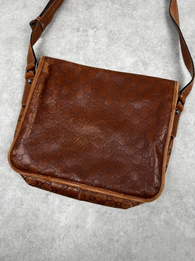 2000s Gucci Brown Monogrammed Leather Shoulder Bag - Image 6
