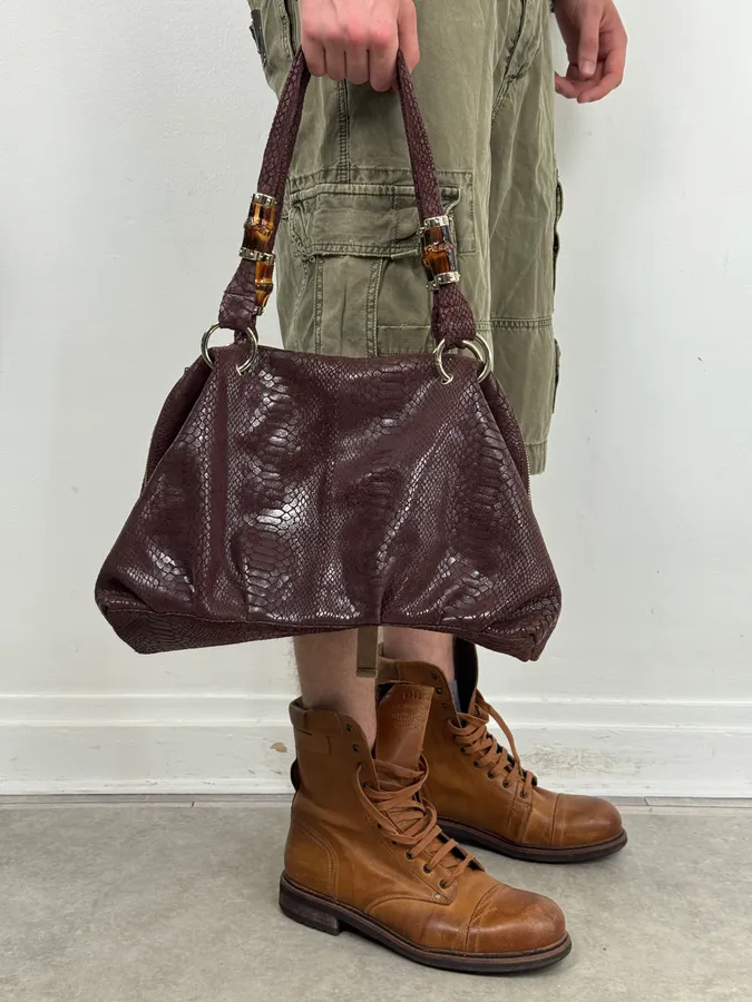 2000s Gucci Brown Python Effect Bamboo Handle Bag - Image 2