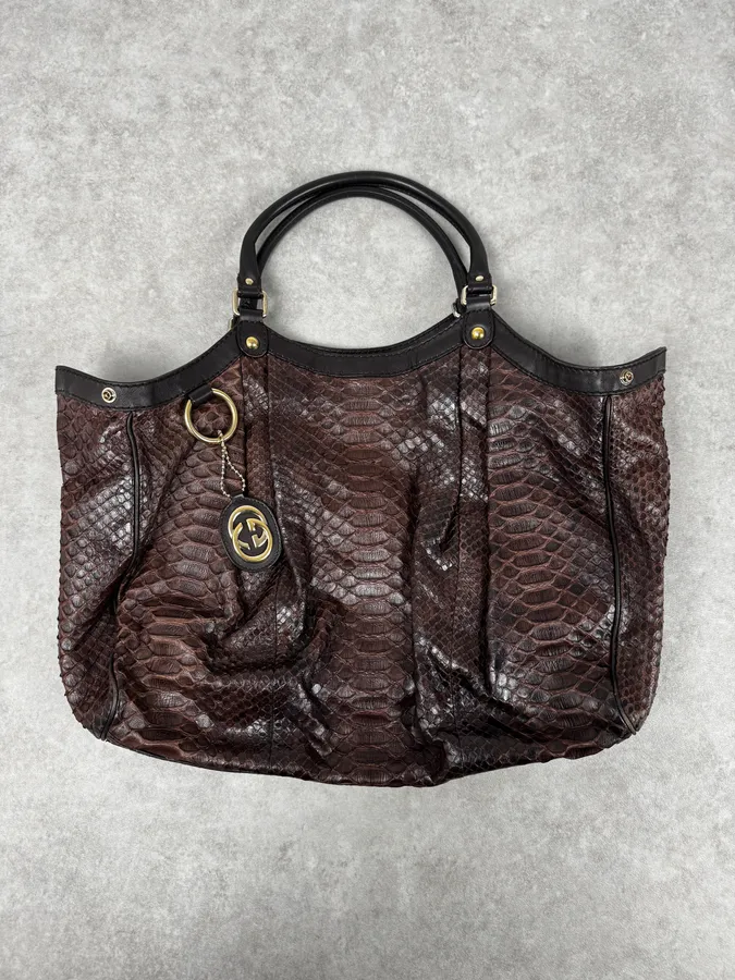 2000s Gucci Brown Python Leather Sukey Handle Bag - Image 2
