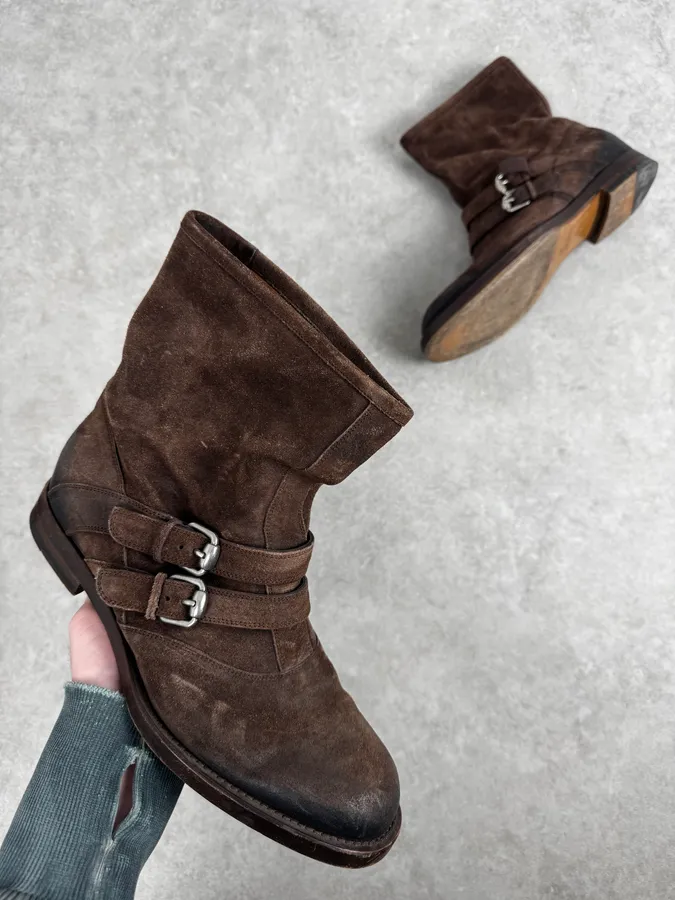 2000s Gucci Brown Suede Biker Double Buckle Boots