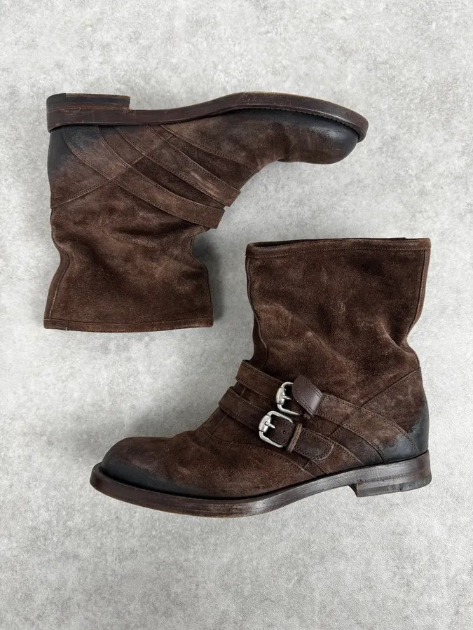 2000s Gucci Brown Suede Biker Double Buckle Boots - Image 3