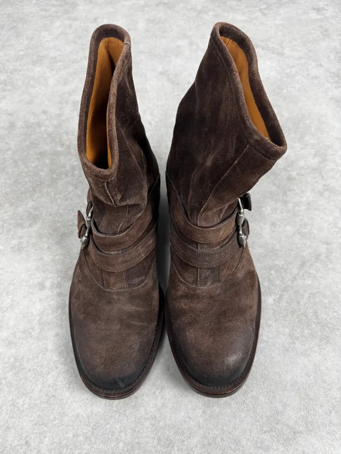 2000s Gucci Brown Suede Biker Double Buckle Boots - Image 4
