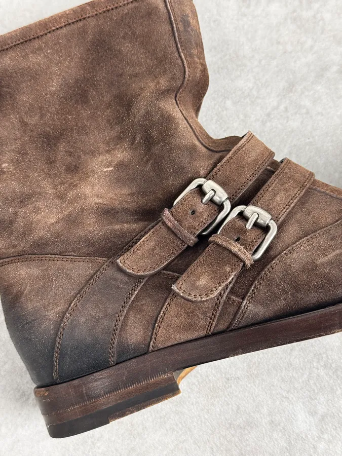 2000s Gucci Brown Suede Biker Double Buckle Boots - Image 5