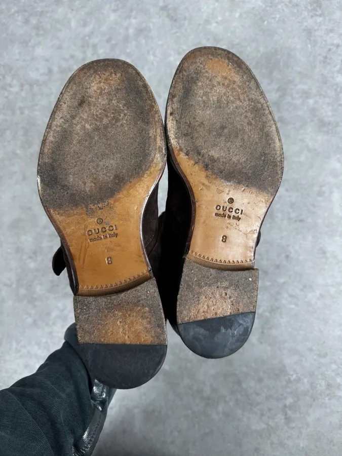 2000s Gucci Brown Suede Biker Double Buckle Boots - Image 7