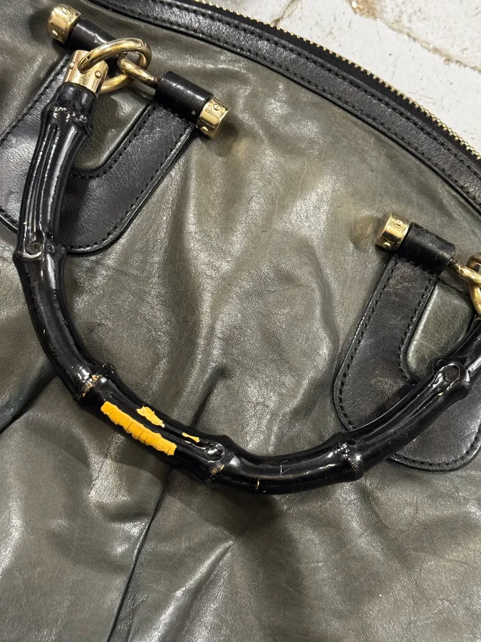 2000s Gucci Dark Green & Black Eroded Bamboo Handle Bag - Image 11