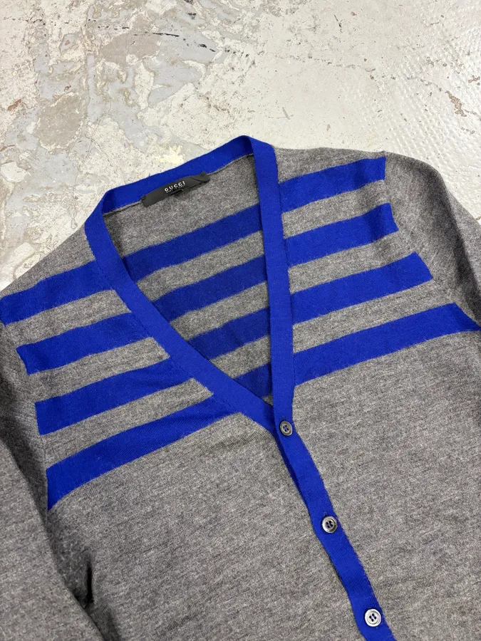 2000s Gucci Grey & Blue Striped Minimalist Cardigan - Image 3