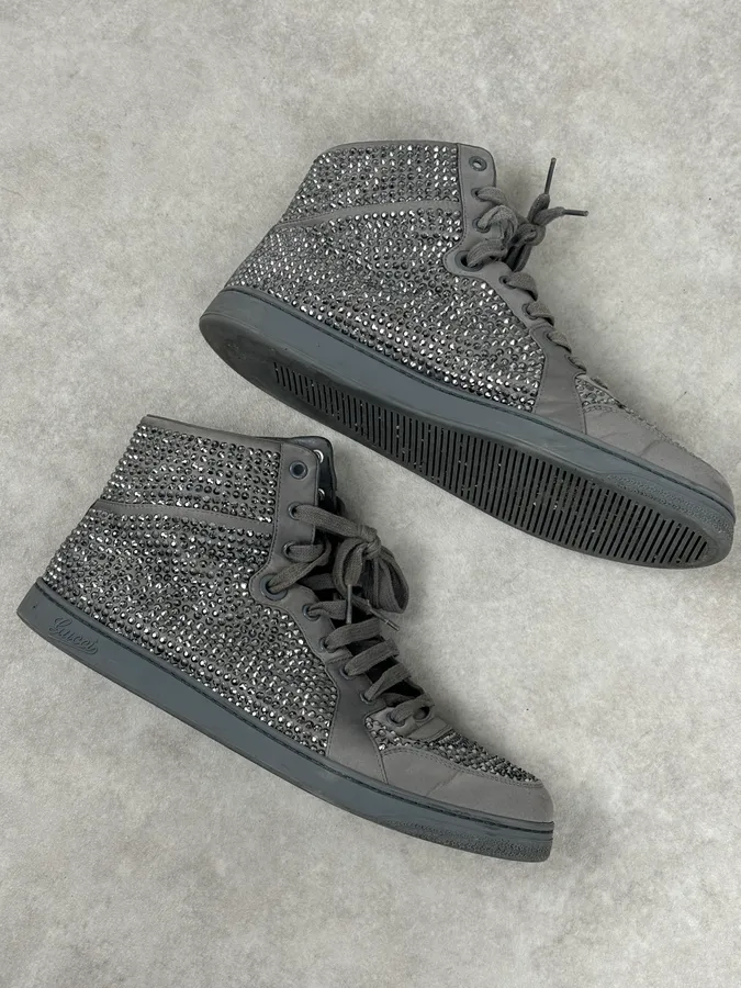 2000s Gucci Grey Leather Swarovski Crystal High-Top Sneakers - Image 10