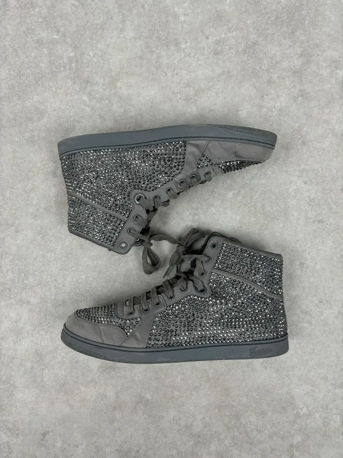 2000s Gucci Grey Leather Swarovski Crystal High-Top Sneakers - Image 5