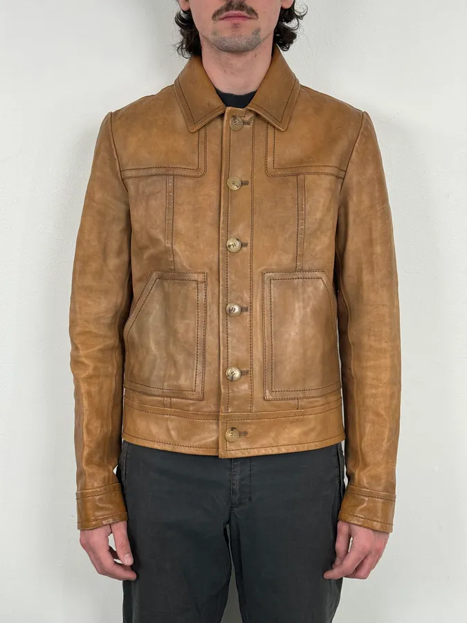 2000s Gucci Light Brown Leather Cargo Jacket - Image 2