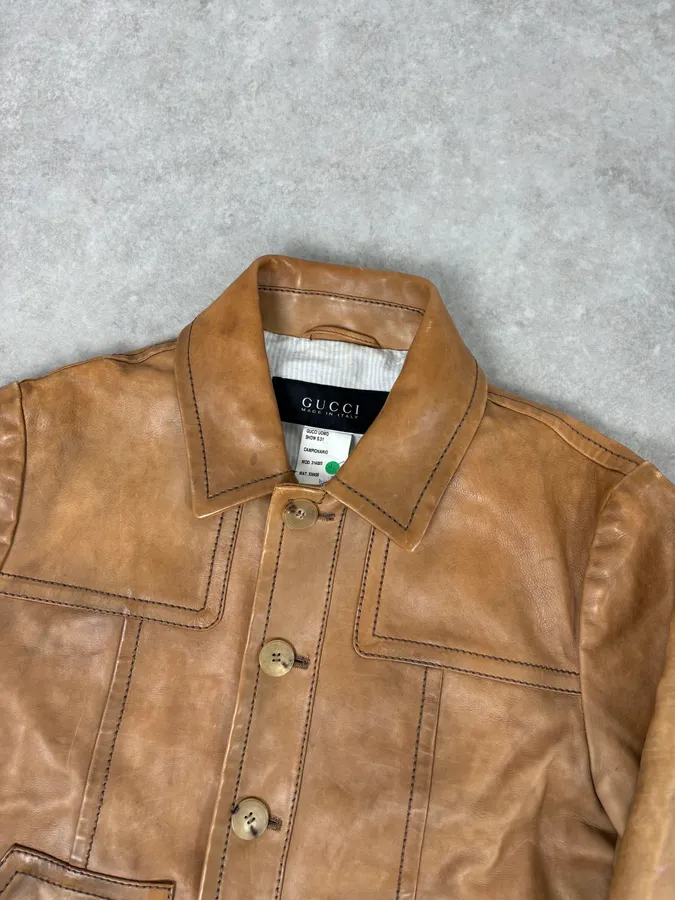 2000s Gucci Light Brown Leather Cargo Jacket - Image 4