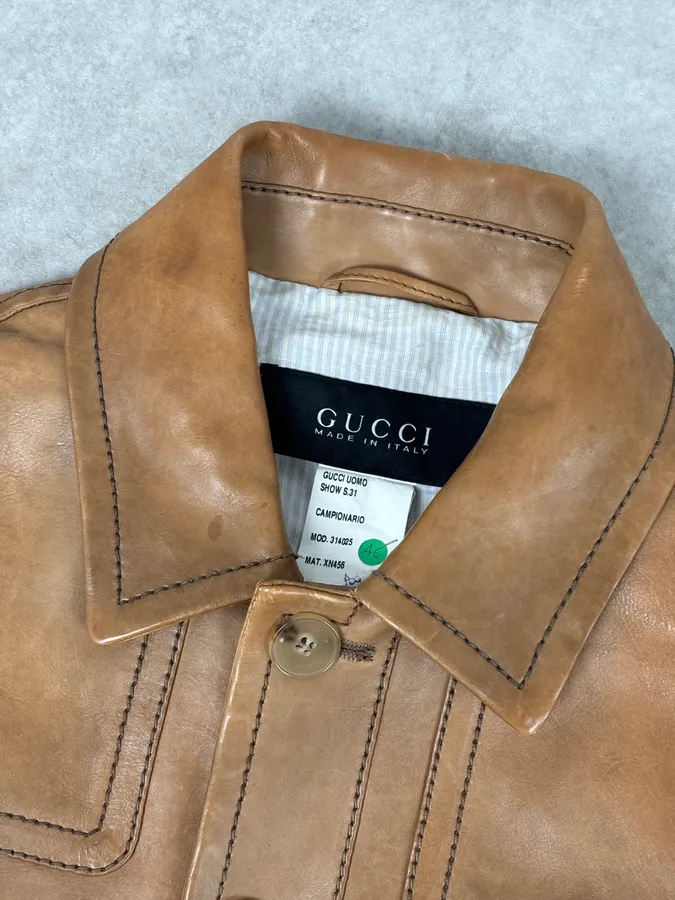 2000s Gucci Light Brown Leather Cargo Jacket - Image 7
