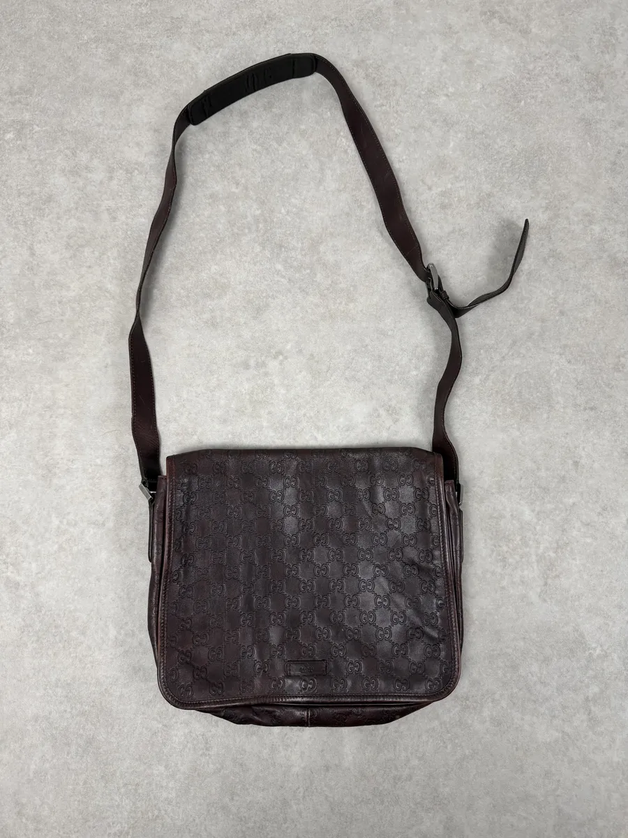 2000s Gucci Monogramm G Brown Leather Shoulder Bag - Image 3