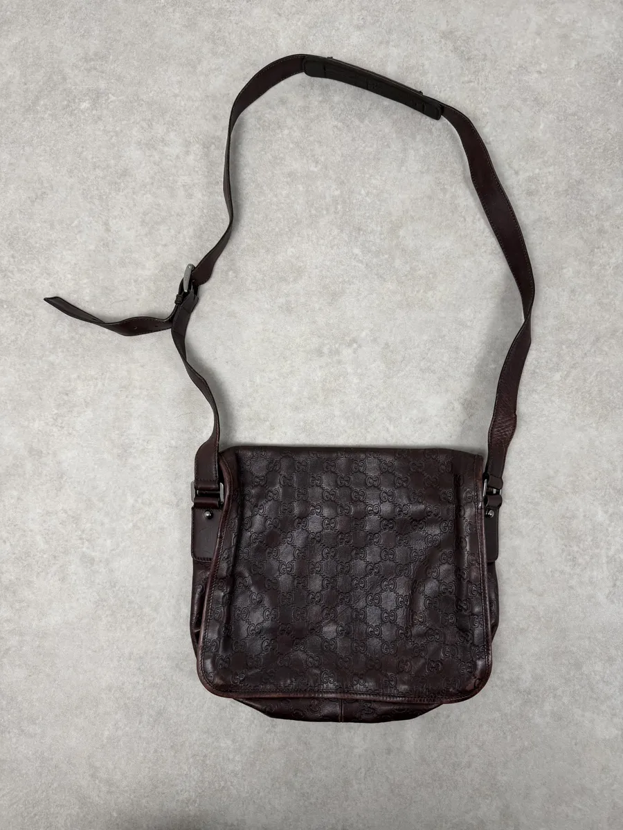 2000s Gucci Monogramm G Brown Leather Shoulder Bag - Image 7