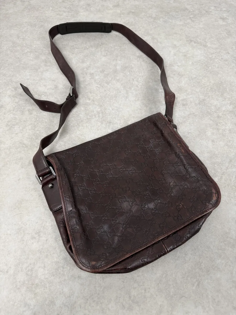2000s Gucci Monogramm G Brown Leather Shoulder Bag - Image 8