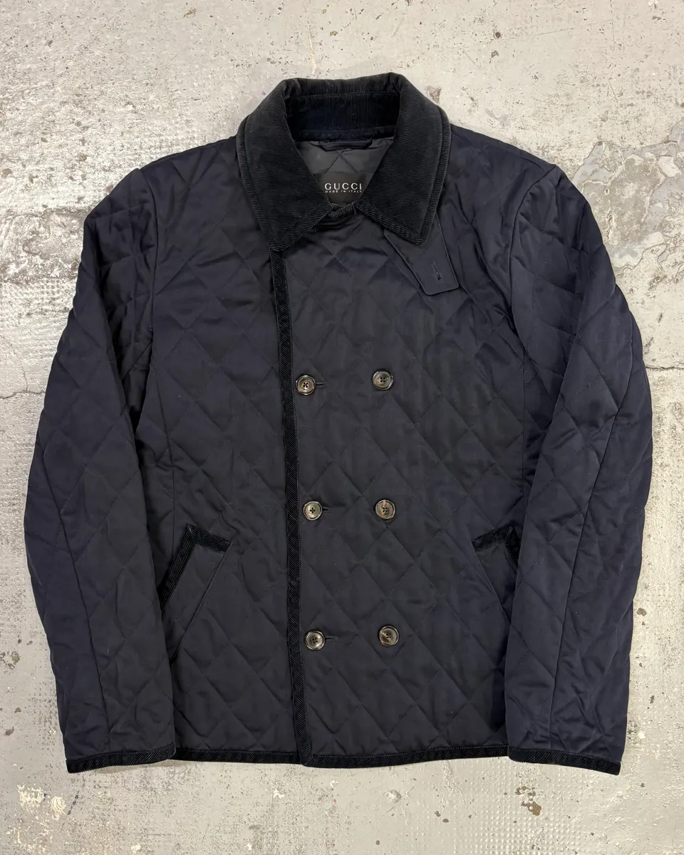 2000s Gucci Navy Asymmetrical Quilted Officer Jacket