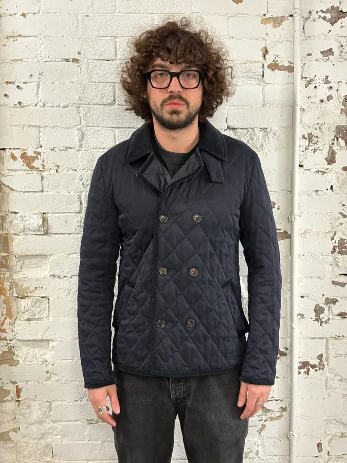 2000s Gucci Navy Asymmetrical Quilted Officer Jacket - Image 2