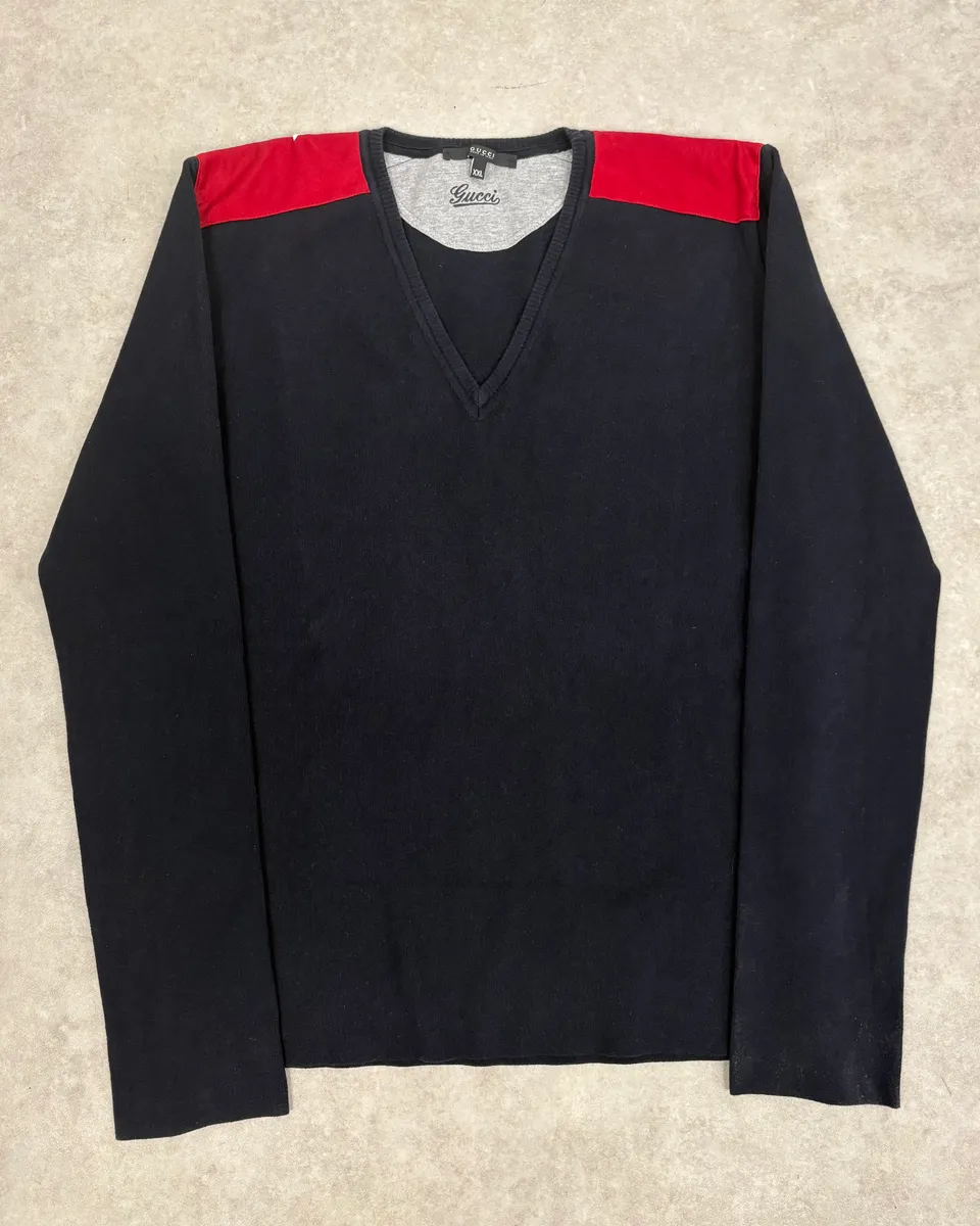 2000s Gucci Navy & Red V-Neck Sweater