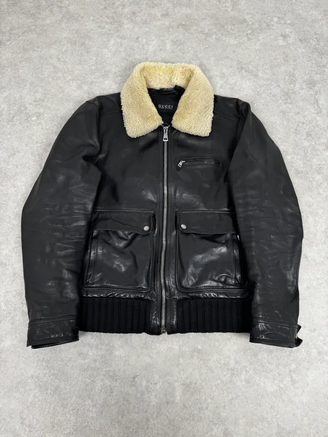 2000s Gucci Shearling Collat Black Leather Jacket