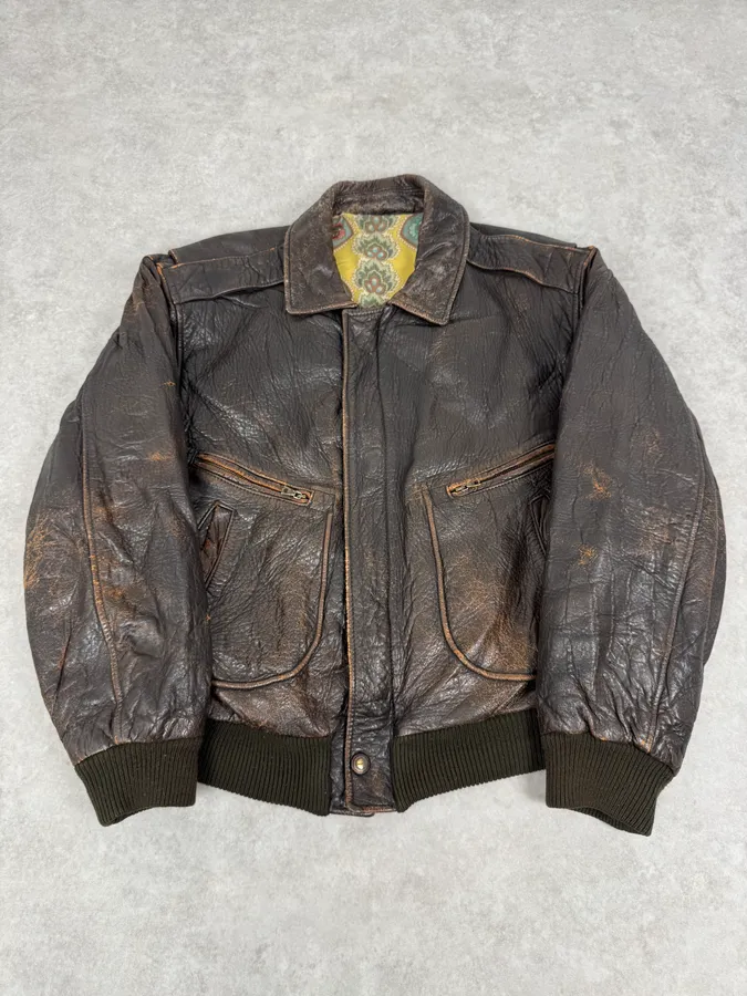 2000s Hugo Boss Aviator Brown Leather Bomber Jacket