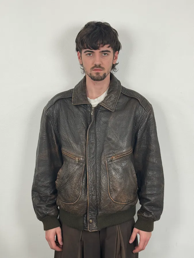 2000s Hugo Boss Aviator Brown Leather Bomber Jacket - Image 2