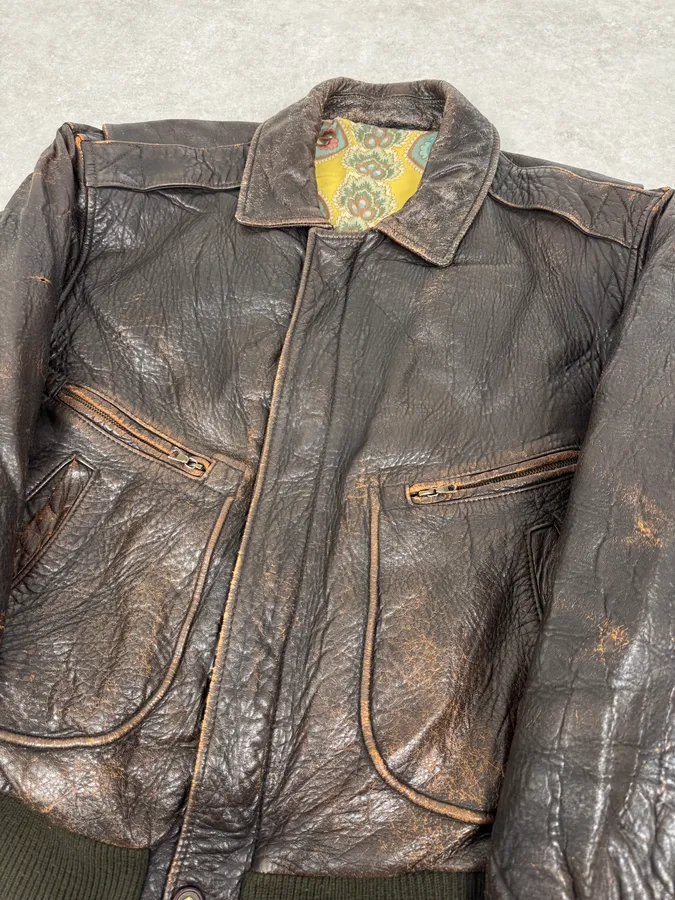 2000s Hugo Boss Aviator Brown Leather Bomber Jacket - Image 4
