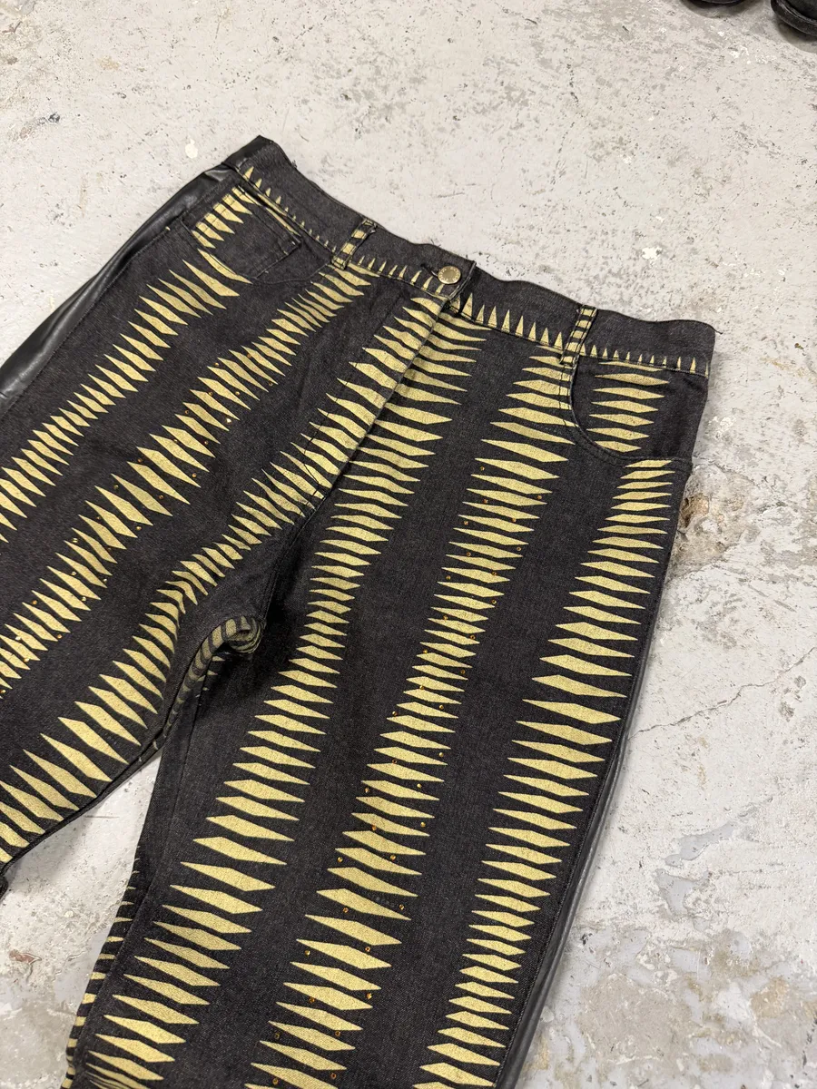 2000s Iceberg Black & Yellow Striped Irregular Faux Leather Pants - Image 6