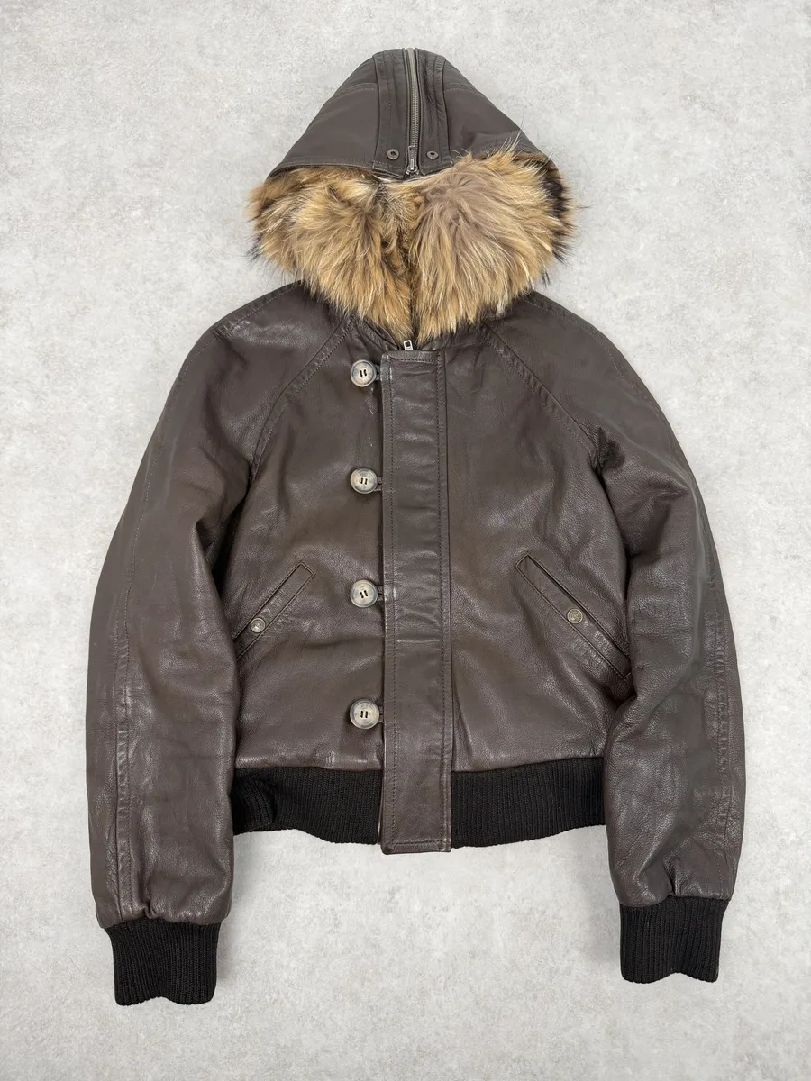 2000s Iceberg Brown Leather Aviator Fur Hooded Bomber Jacket - Image 2