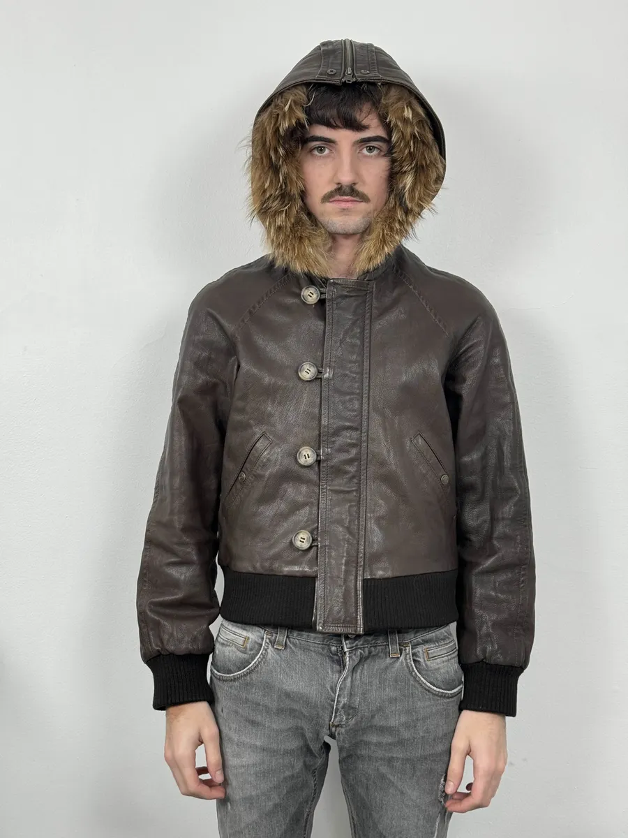 2000s Iceberg Brown Leather Aviator Fur Hooded Bomber Jacket - Image 5