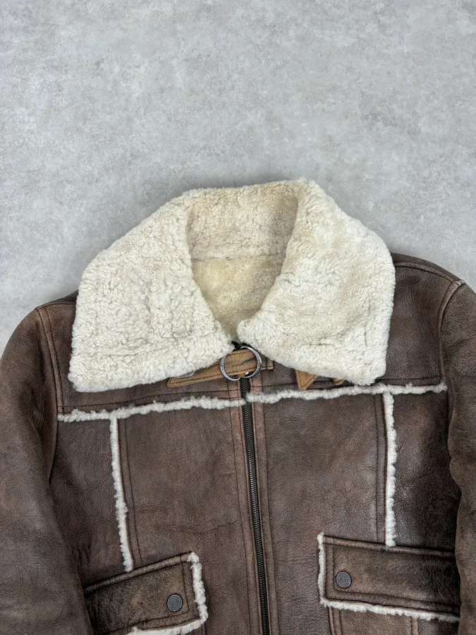 2000s Iceberg Brown Shearling Aviator Leather Jacket - Image 4