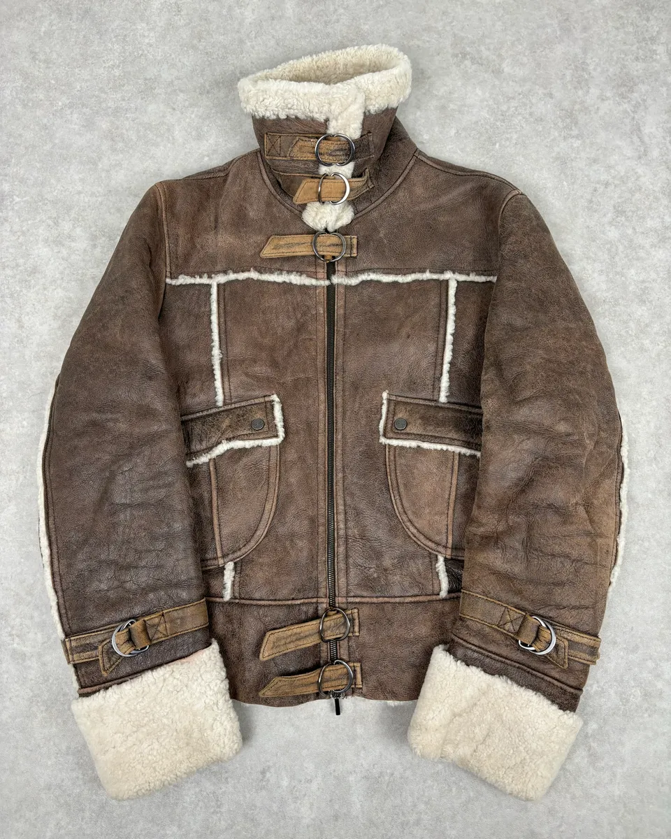 2000s Iceberg Brown Shearling Aviator Leather Jacket - Image 9