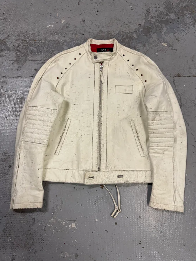 2000s Iceberg White Painted Leather Biker Jacket - Image 8