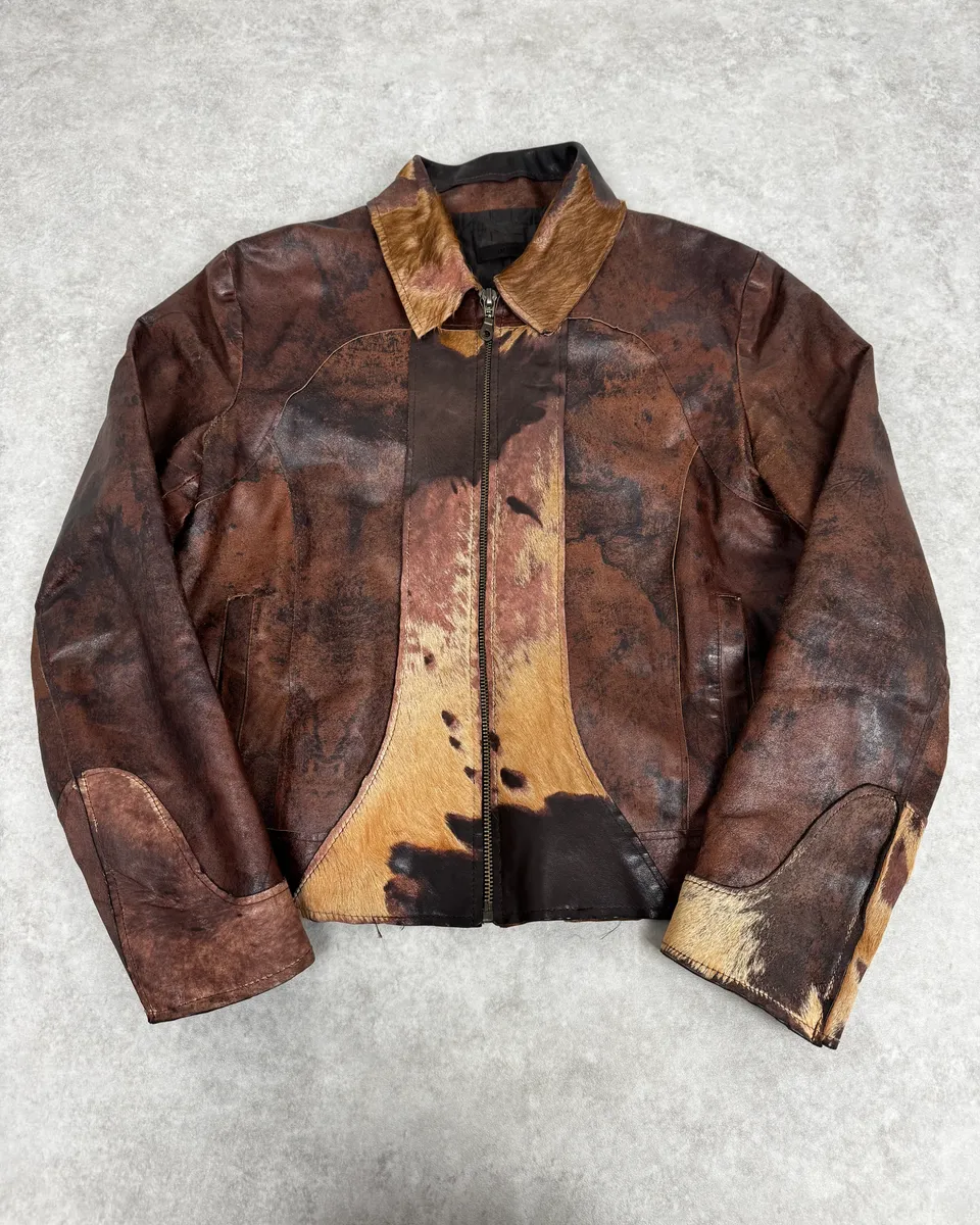 2000s Imperial Brown Leather Cow Effect Pony Hair Jacket