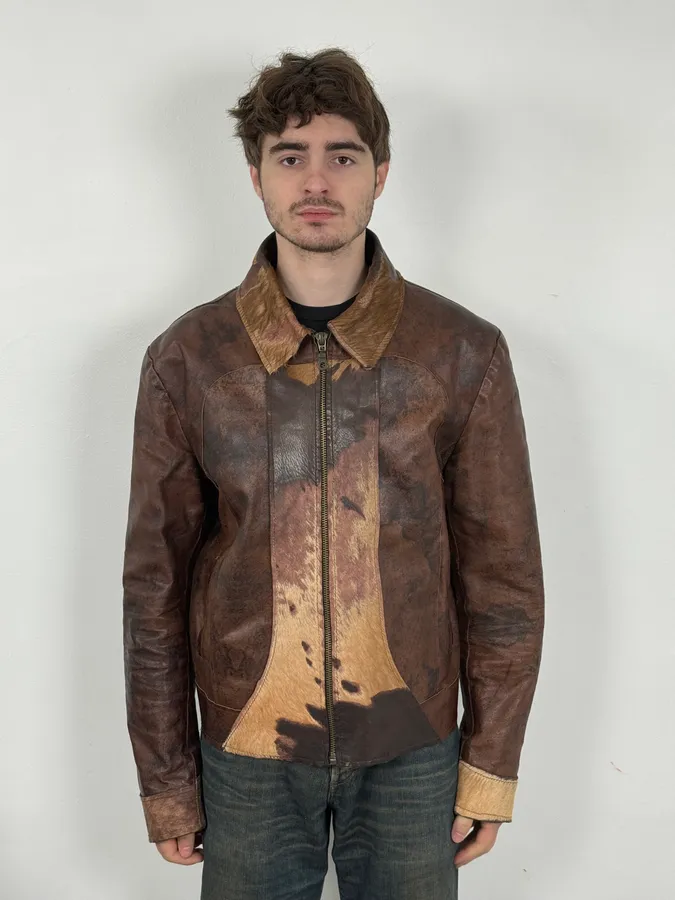 2000s Imperial Brown Leather Cow Effect Pony Hair Jacket - Image 2