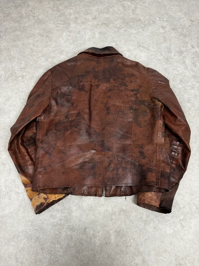 2000s Imperial Brown Leather Cow Effect Pony Hair Jacket - Image 4