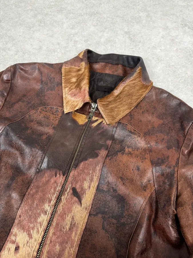 2000s Imperial Brown Leather Cow Effect Pony Hair Jacket - Image 5