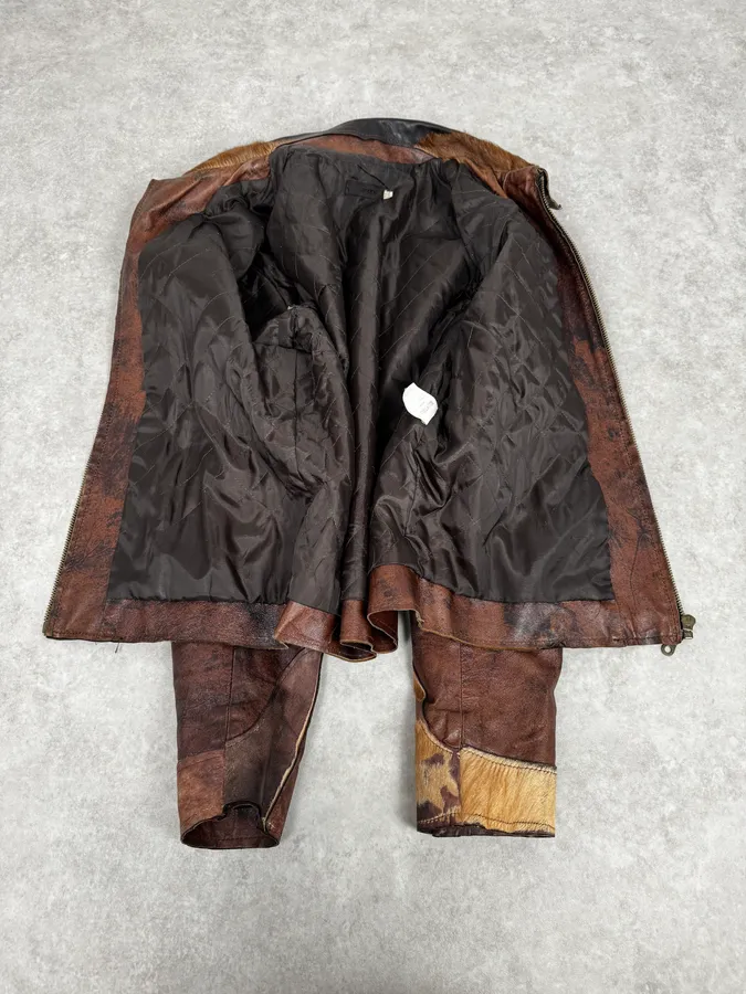 2000s Imperial Brown Leather Cow Effect Pony Hair Jacket - Image 7