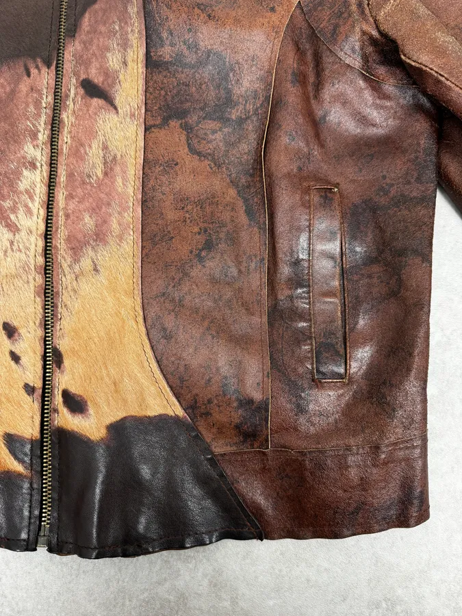 2000s Imperial Brown Leather Cow Effect Pony Hair Jacket - Image 8