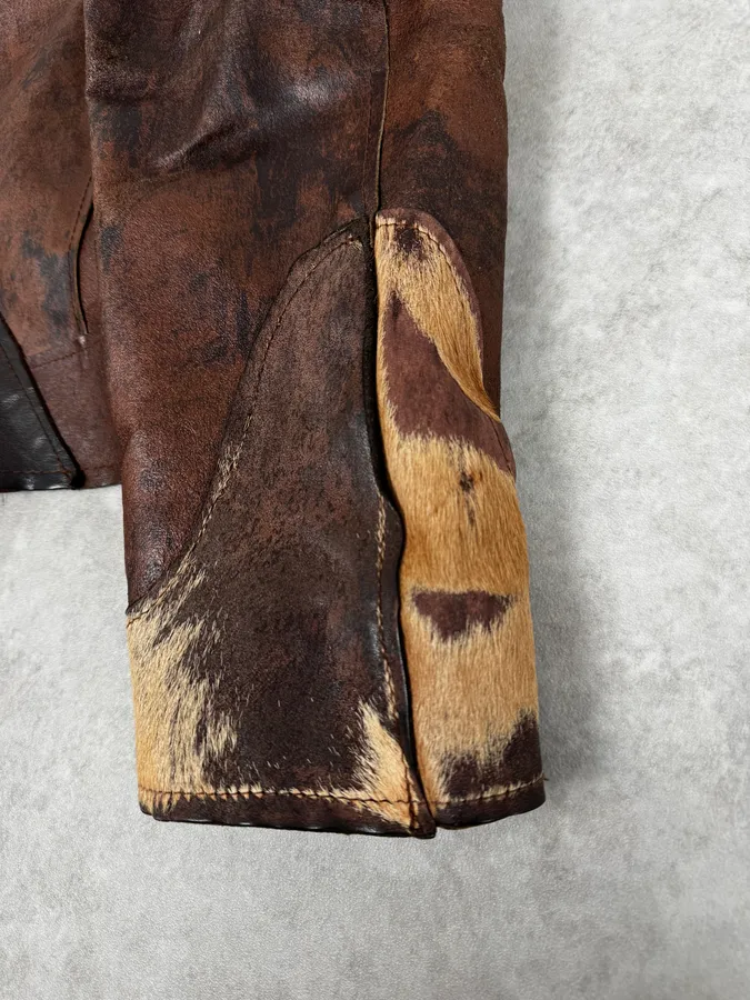 2000s Imperial Brown Leather Cow Effect Pony Hair Jacket - Image 9