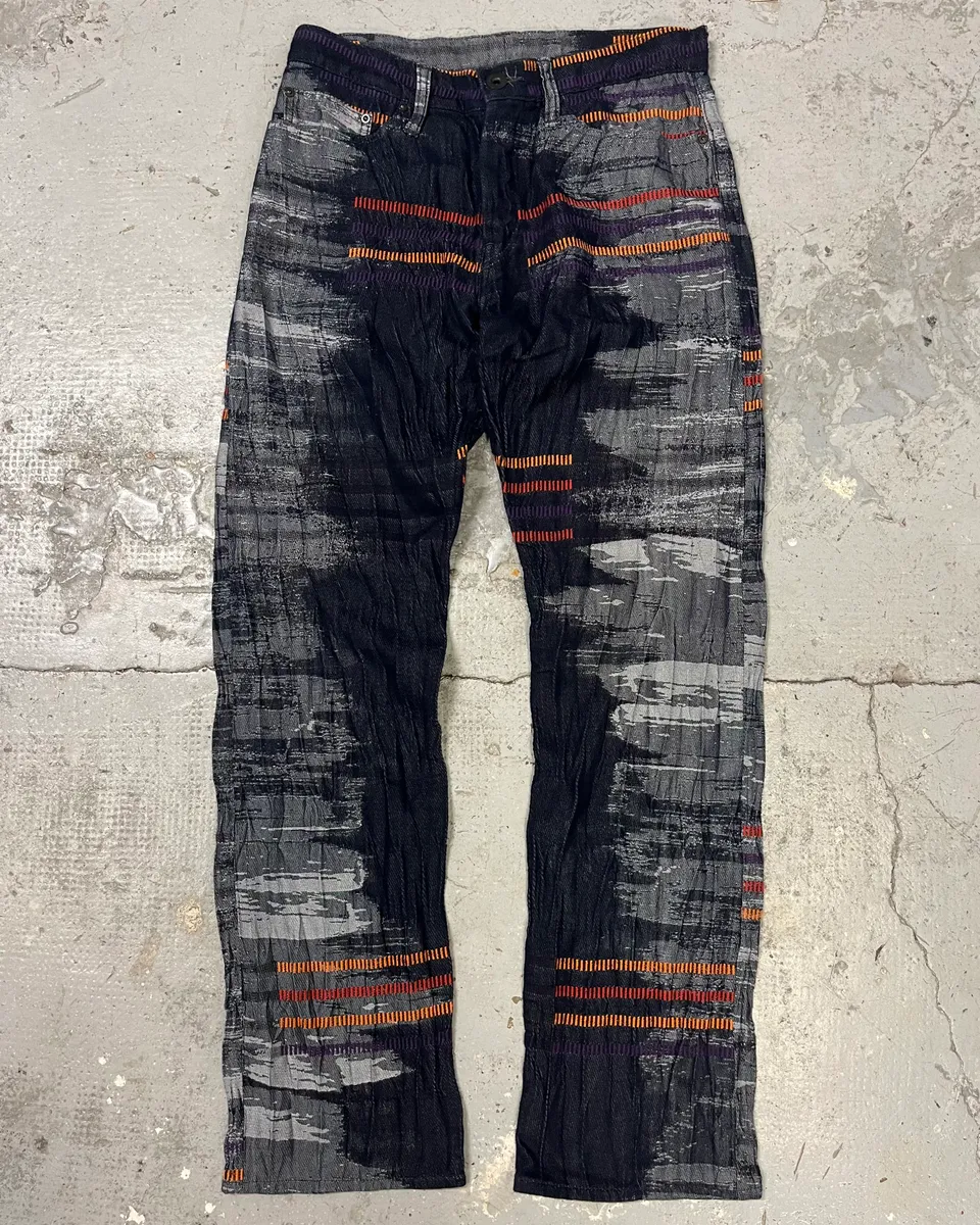 2000s Issey Miyake Navy & Grey Color Stripes Relief Pants