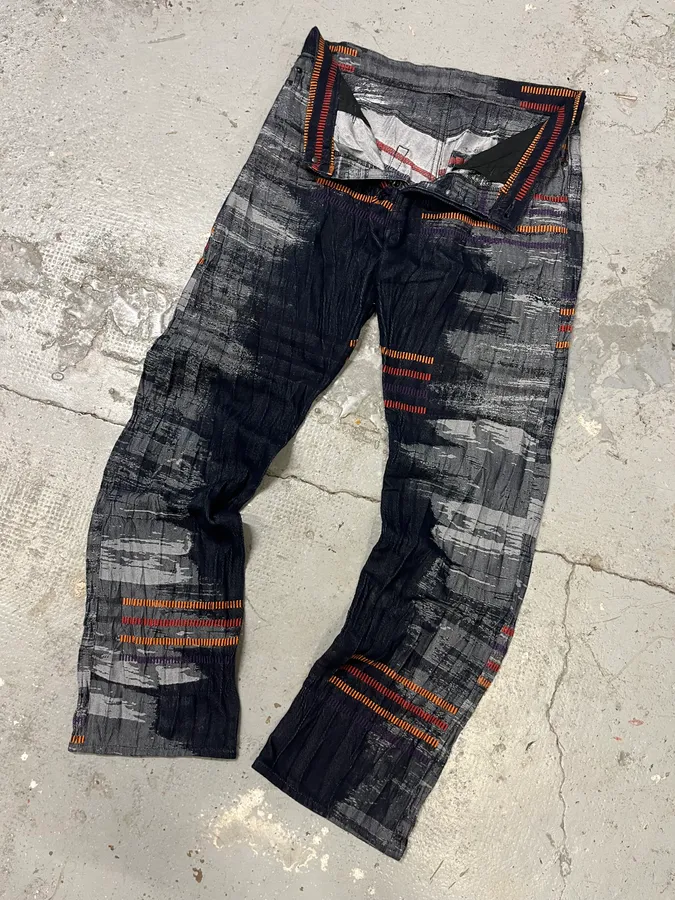 2000s Issey Miyake Navy & Grey Color Stripes Relief Pants - Image 6