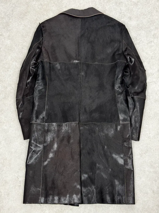 2000s Italian Black Leather Pony Hair Long Jacket - Image 4