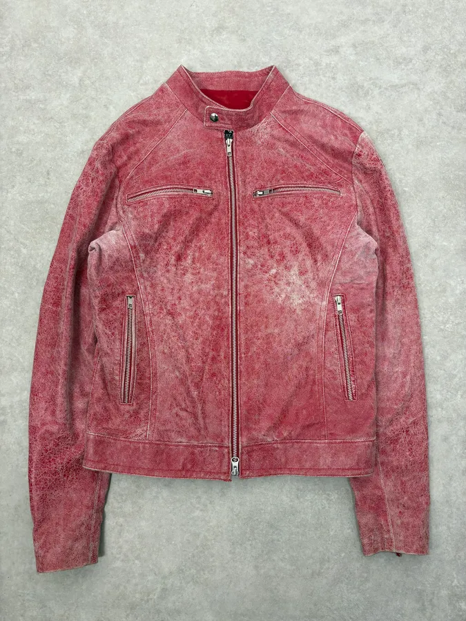 2000s Italian Red Eroded Leather Roma Jacket