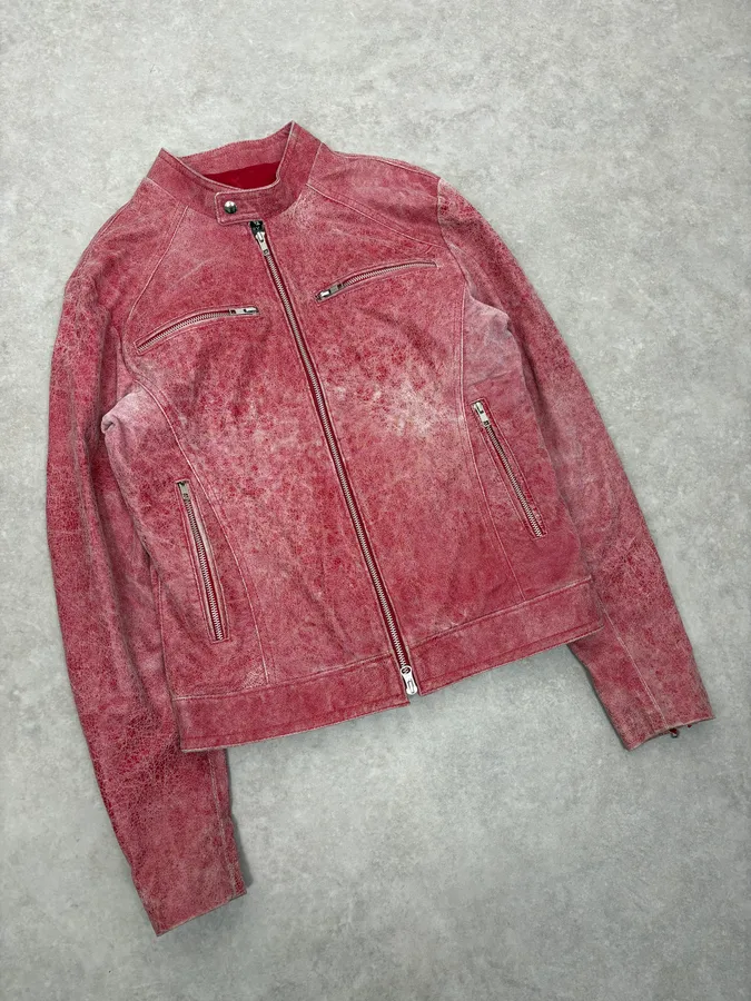 2000s Italian Red Eroded Leather Roma Jacket - Image 4