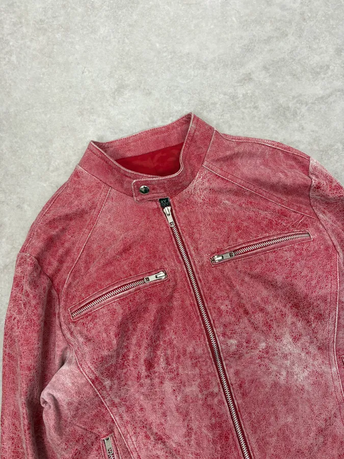 2000s Italian Red Eroded Leather Roma Jacket - Image 5