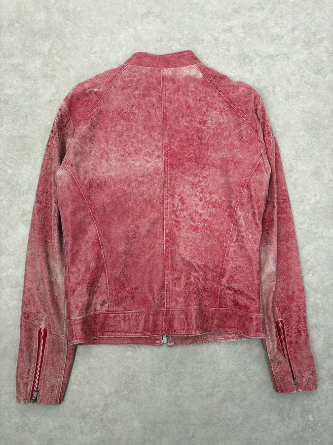 2000s Italian Red Eroded Leather Roma Jacket - Image 6