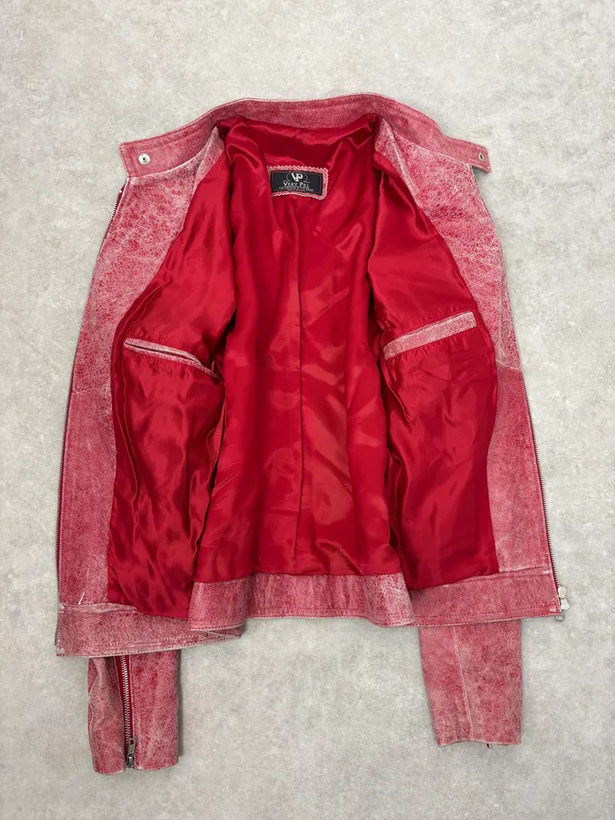 2000s Italian Red Eroded Leather Roma Jacket - Image 7
