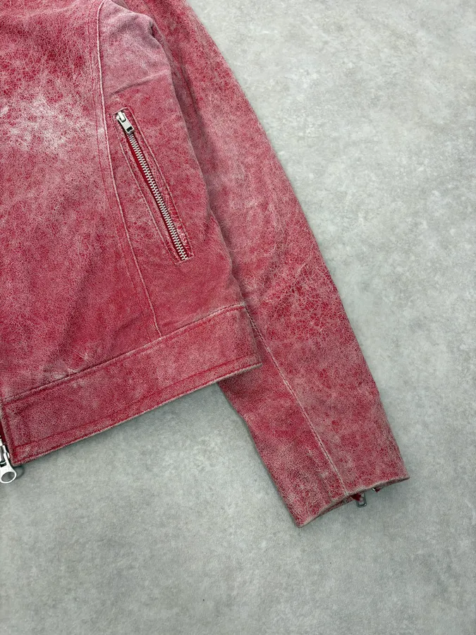 2000s Italian Red Eroded Leather Roma Jacket - Image 8